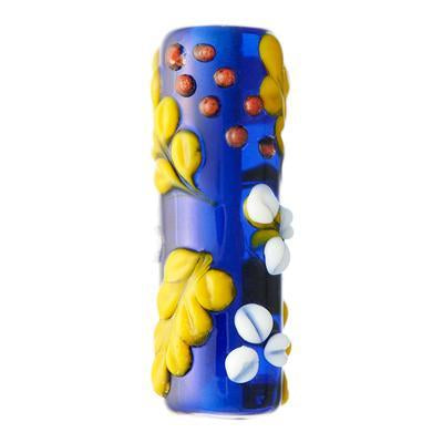 36mm Blue with White and Yellow Flowers Tube Lampwork Beads - Goody Beads