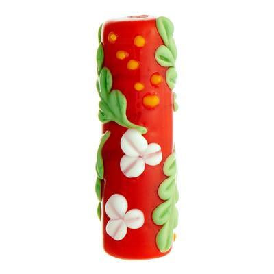 36mm Red with White and Green Flowers Tube Lampwork Beads - Goody Beads