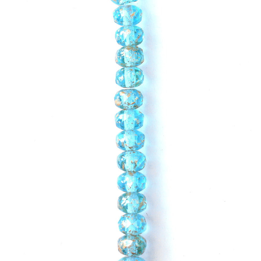 5x3mm Aqua Blue Transparent with Antique Gold Finish Rondelle Czech Glass Beads from Raven's Journey - Goody Beads