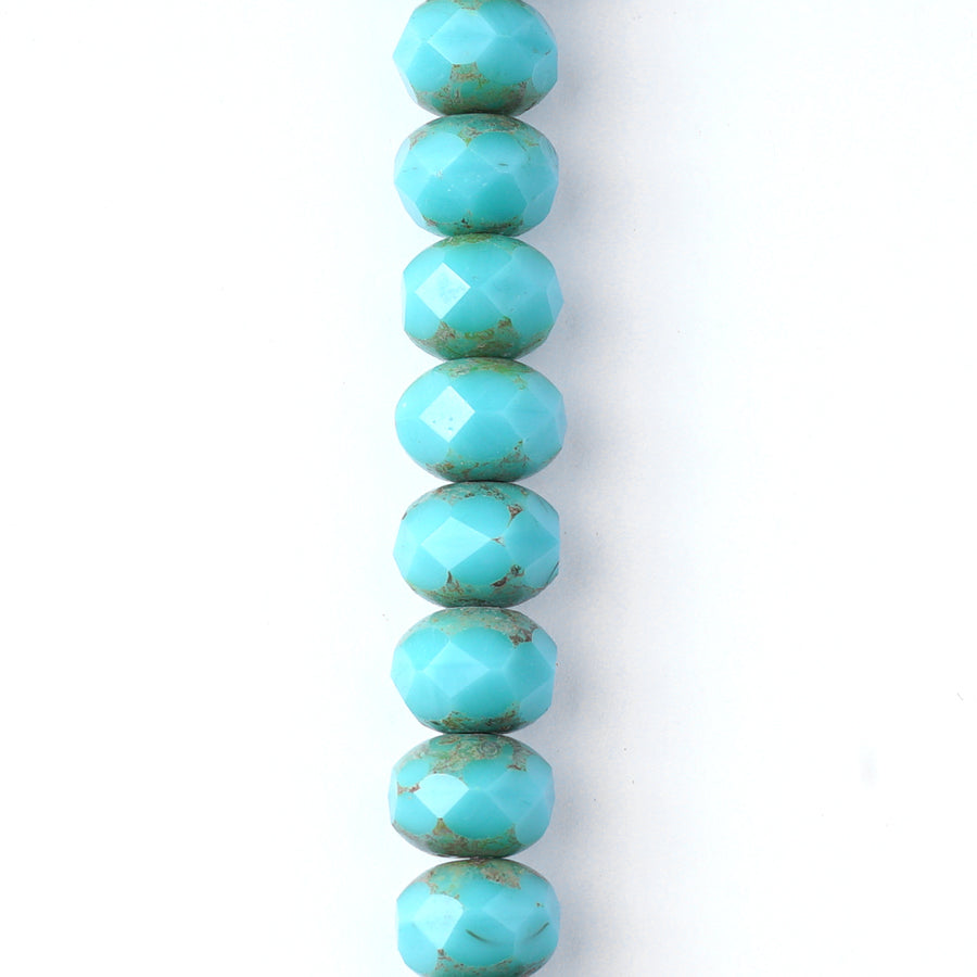 9x6mm Turquoise Opaque with Picasso Finish Rondelle Czech Glass Beads from Raven's Journey