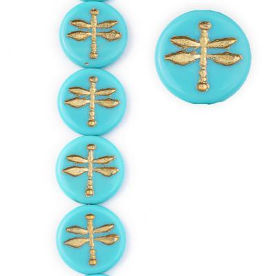 17mm Turquoise with Gold Wash Dragonfly Coin Czech Glass Beads from Raven's Journey