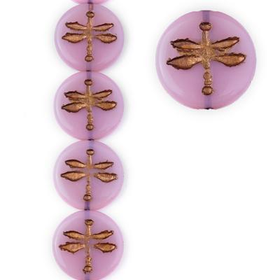 17mm Pink with Copper Wash Dragonfly Coin Czech Glass Beads from Raven's Journey