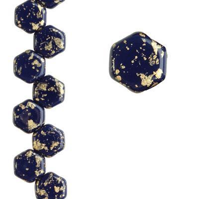 6.5mm Gold Splash Navy 2-Hole Honeycomb Shaped Czech Glass Beads - Goody Beads