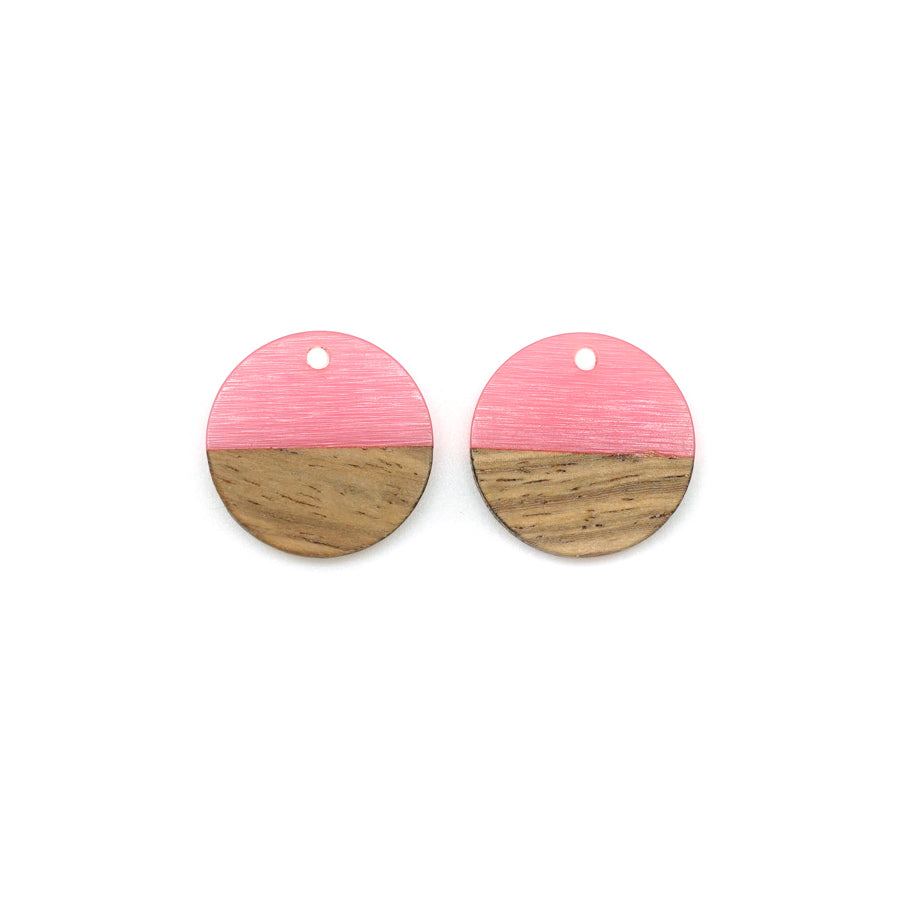 20mm Wood & Frosted Pink Reversed Resin Disc Focal Piece Pendant Charm - 2 Pack - Goody Beads