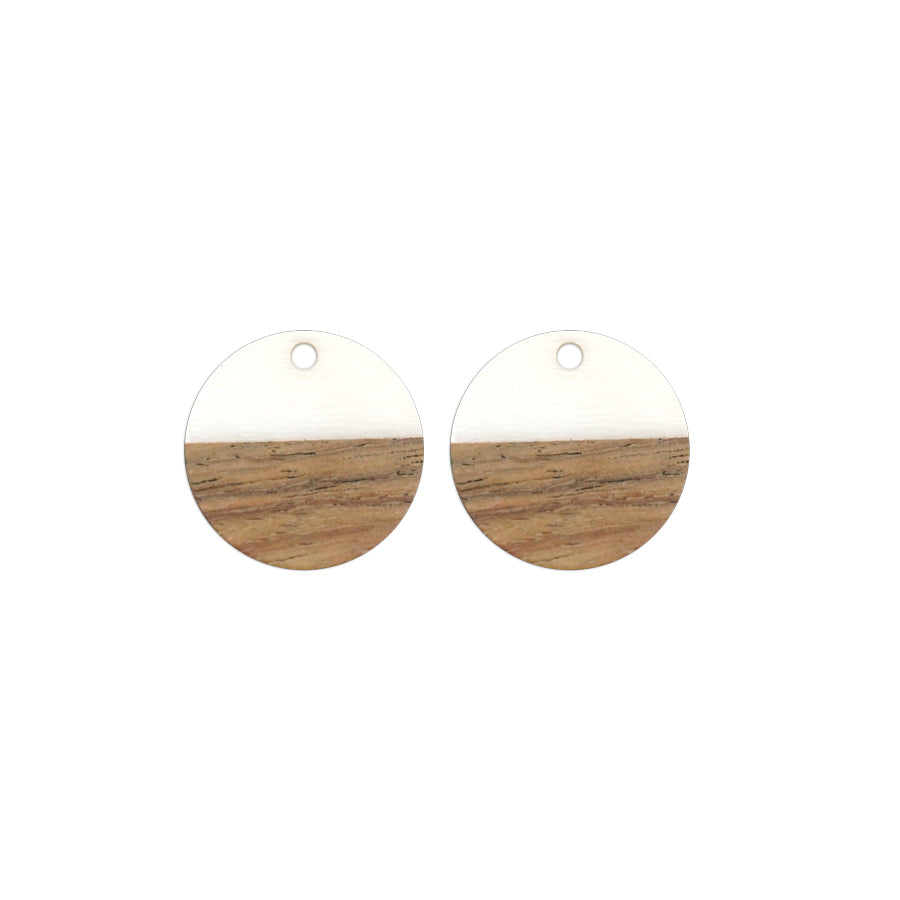 20mm Wood & White Resin Reversed Disc Focal Piece Pendant Charm - 2 Pack - Goody Beads