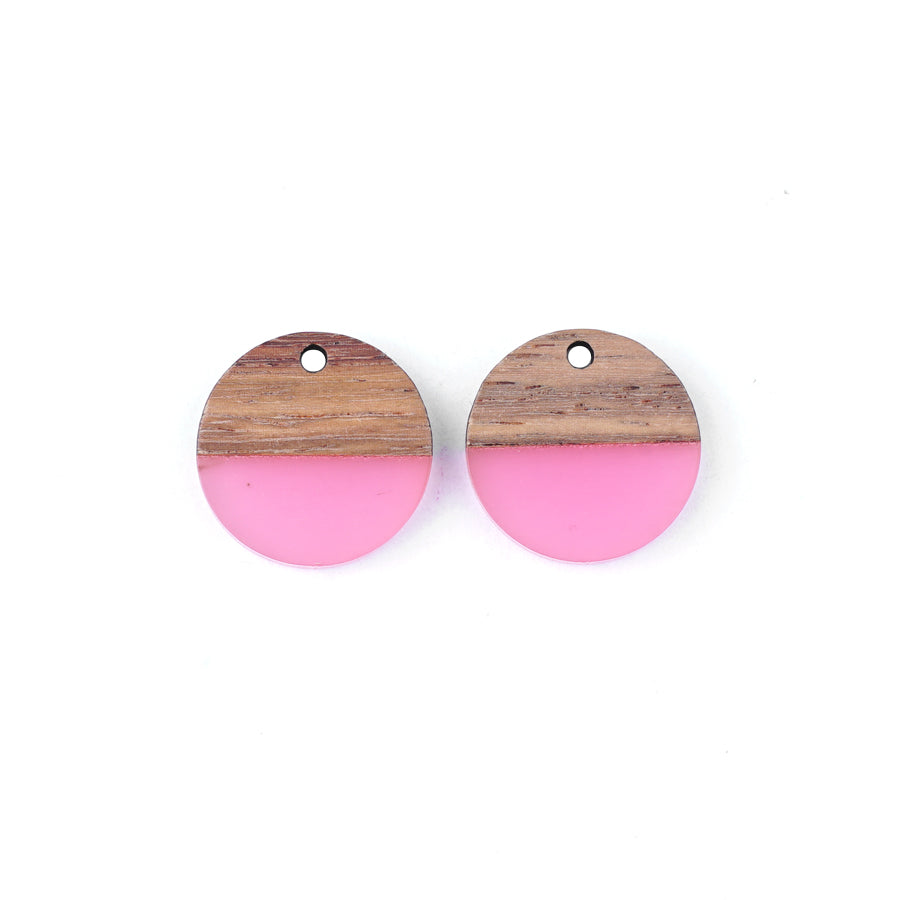 20mm Wood & Frosted Pink Resin Disc Focal Piece Pendant Charm - 2 Pack - Goody Beads