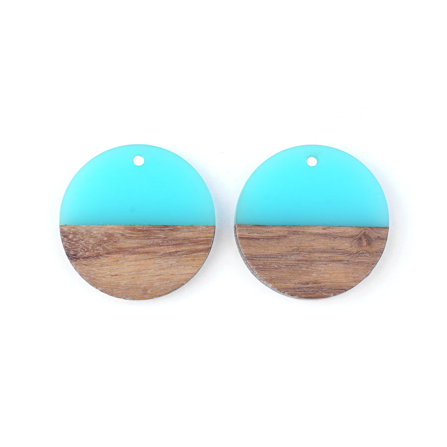 28mm Wood & Sea Blue Resin Disc Focal Piece Pendant Charm - 2 Pack - Goody Beads