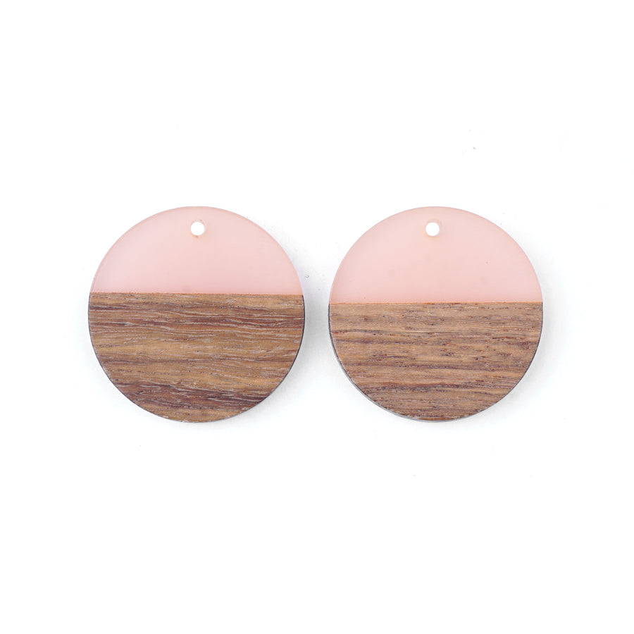 28mm Wood & Pale Pink Resin Disc Focal Piece Pendant Charm - 2 Pack - Goody Beads