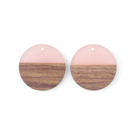 28mm Wood & Pale Pink Resin Disc Focal Piece Pendant Charm - 2 Pack - Goody Beads