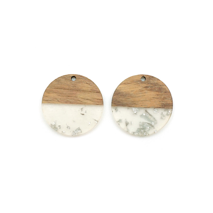 28mm Wood & Clear Resin with Silver Foil Disc Focal Piece Pendant Charm - 2 Pack - Goody Beads