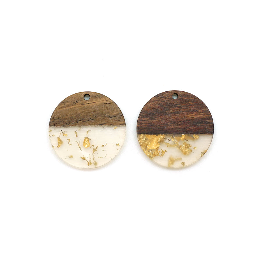 28mm Wood & Clear Resin with Gold Foil Disc Focal Piece Pendant Charm - 2 Pack - Goody Beads