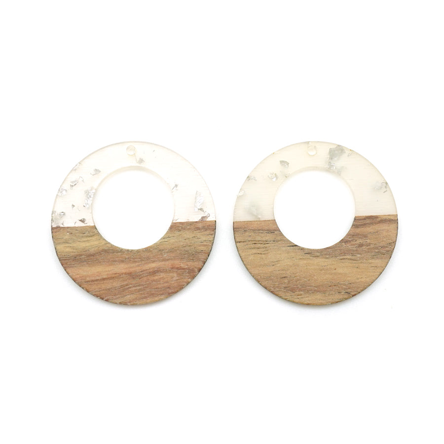 38mm Wood & Clear Resin with Silver Foil Off Center Donut Focal Piece Pendant - 2 Pack - Goody Beads