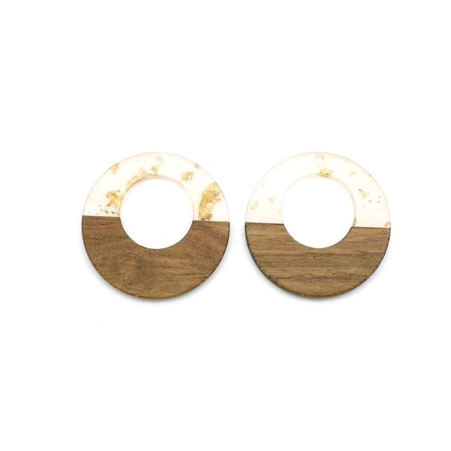 38mm Wood & Clear Resin with Gold Foil Off Center Donut Focal Piece Pendant - 2 Pack - Goody Beads