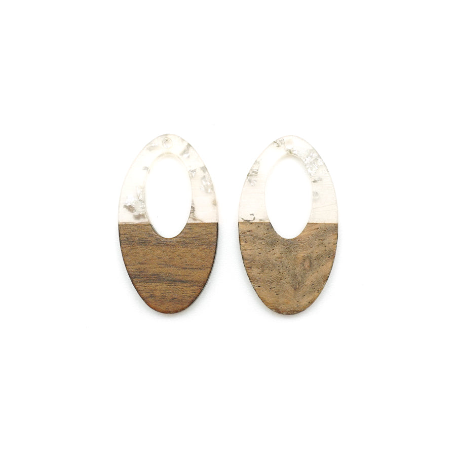 22x38mm Wood & Clear Resin with Silver Foil Off Center Oval Focal Pieces - 2 Pack - Goody Beads