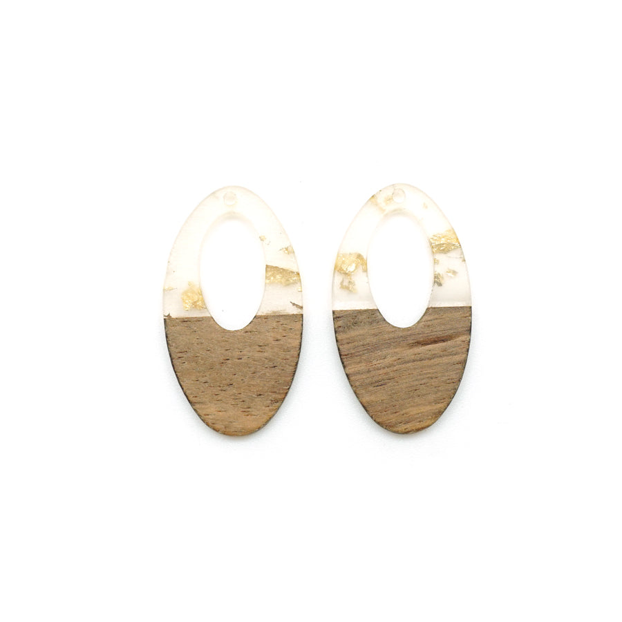 22x38mm Wood & Clear Resin with Gold Foil Off Center Oval Focal Pieces - 2 Pack - Goody Beads