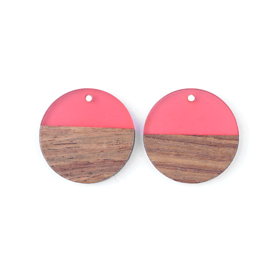 28mm Wood & Pink Berry Resin Disc Focal Piece Pendant Charm - 2 Pack - Goody Beads