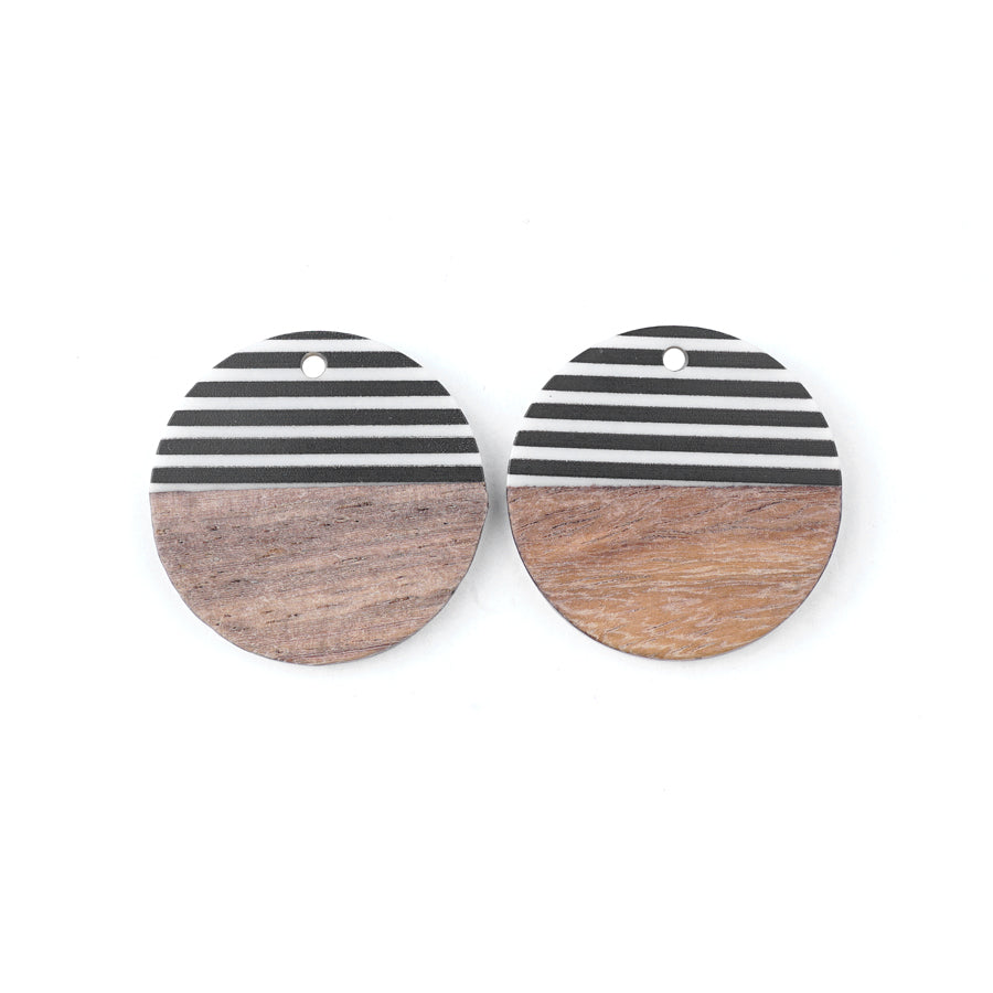 28mm Wood & Black and White Stripe Resin Disc Focal Piece Pendant Charm - 2 Pack - Goody Beads