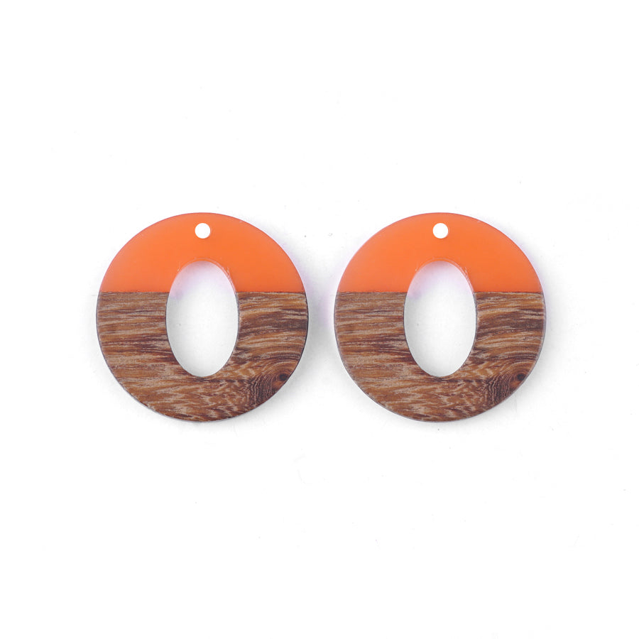 28mm Wood & Coral Resin Disc with Oval Cut Out Focal Piece Pendant - 2 Pack - Goody Beads
