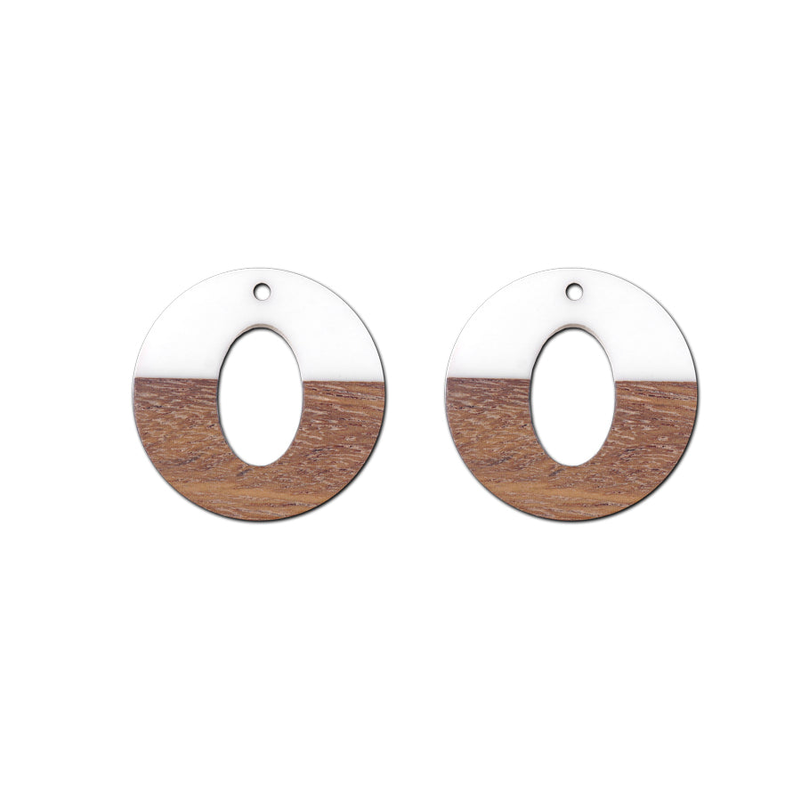 28mm Wood & White Resin Disc with Oval Cut Out Focal Piece Pendant - 2 Pack - Goody Beads