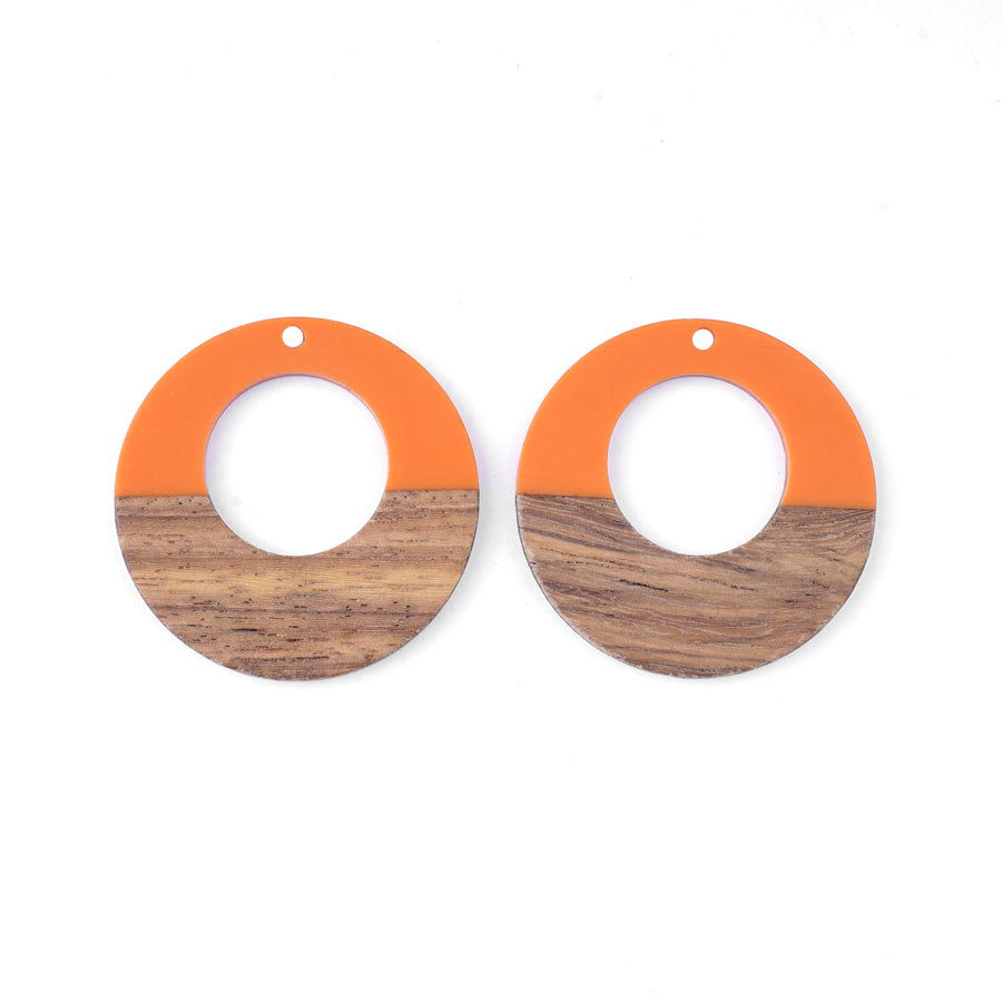 38mm Wood & Pumpkin Resin Off Center Donut Focal Piece Pendant - 2 Pack - Goody Beads