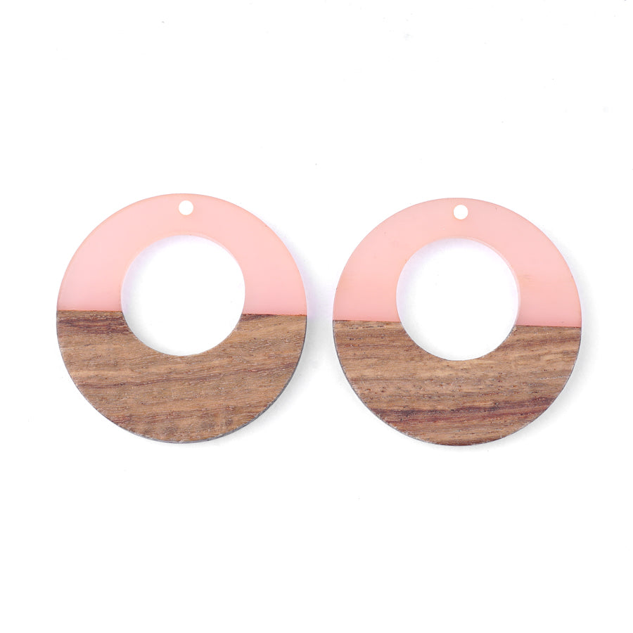 38mm Wood & Pale Pink Resin Off Center Donut Focal Piece Pendant - 2 Pack - Goody Beads