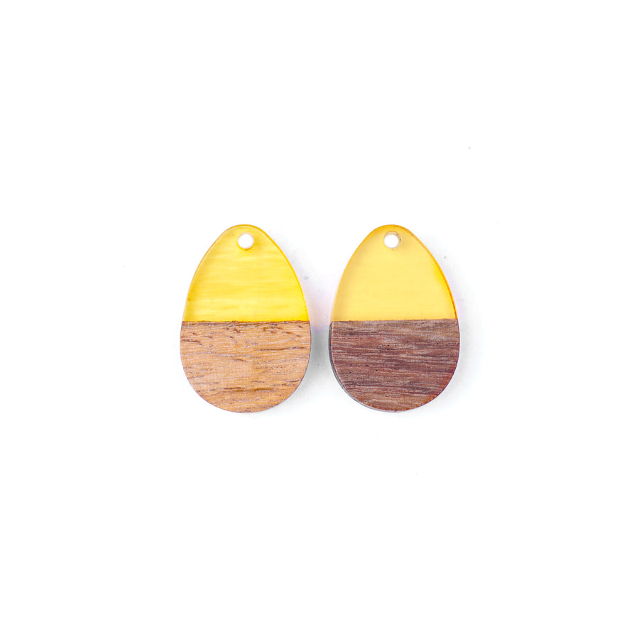 17x25mm Wood & Lemon Yellow Resin Solid Drop Focal Pieces - 2 Pack - Goody Beads