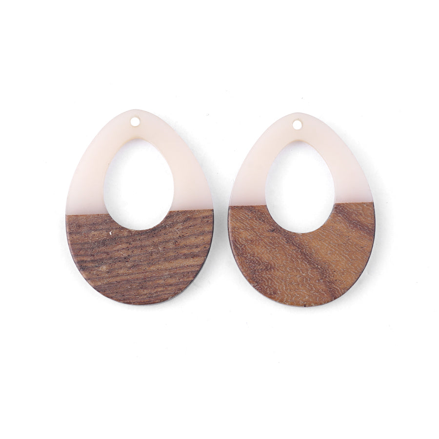 28x38mm Wood & Cream Resin Off Center Drop Focal Pieces - 2 Pack - Goody Beads