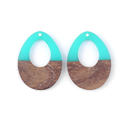 28x38mm Wood & Turquoise Resin Off Center Drop Focal Pieces - 2 Pack - Goody Beads