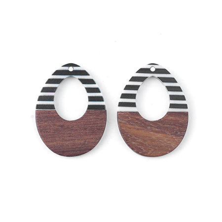 28x38mm Wood & Black and White Striped Resin Off Center Drop Focal Pieces - 2 Pack - Goody Beads