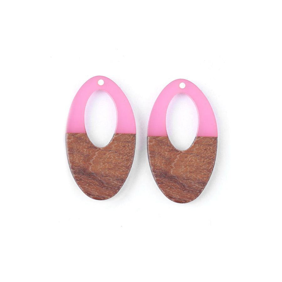 22x38mm Wood & Frosted Pink Resin Off Center Oval Focal Pieces - 2 Pack - Goody Beads