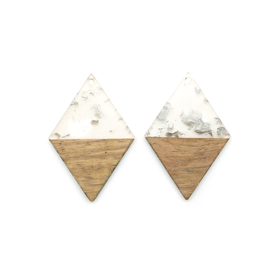 30x48mm Wood & Clear Resin with Silver Foil Diamond Shape Focal Piece Pendant - 2 Pack - Goody Beads