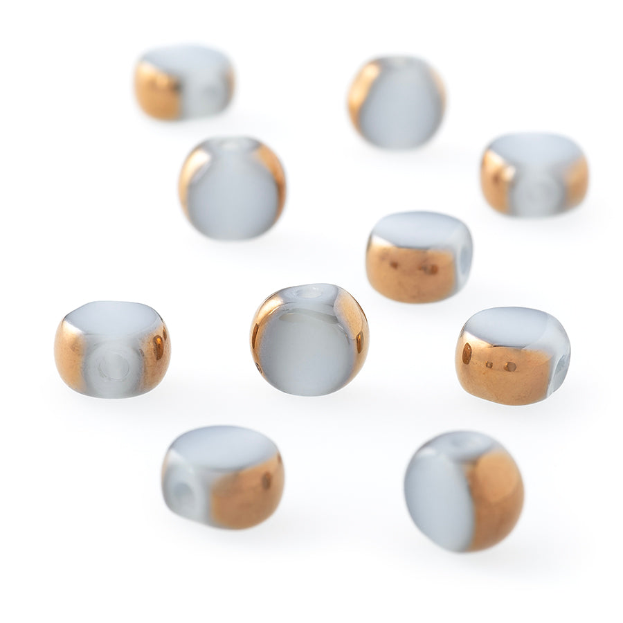 6mm White with Gold Plated Edge Coin Pressed Glass Beads (10 Pieces)