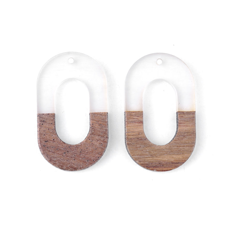 22x38mm Wood & Frosted Clear Resin Squared Oval Focal Pieces - 2 Pack - Goody Beads