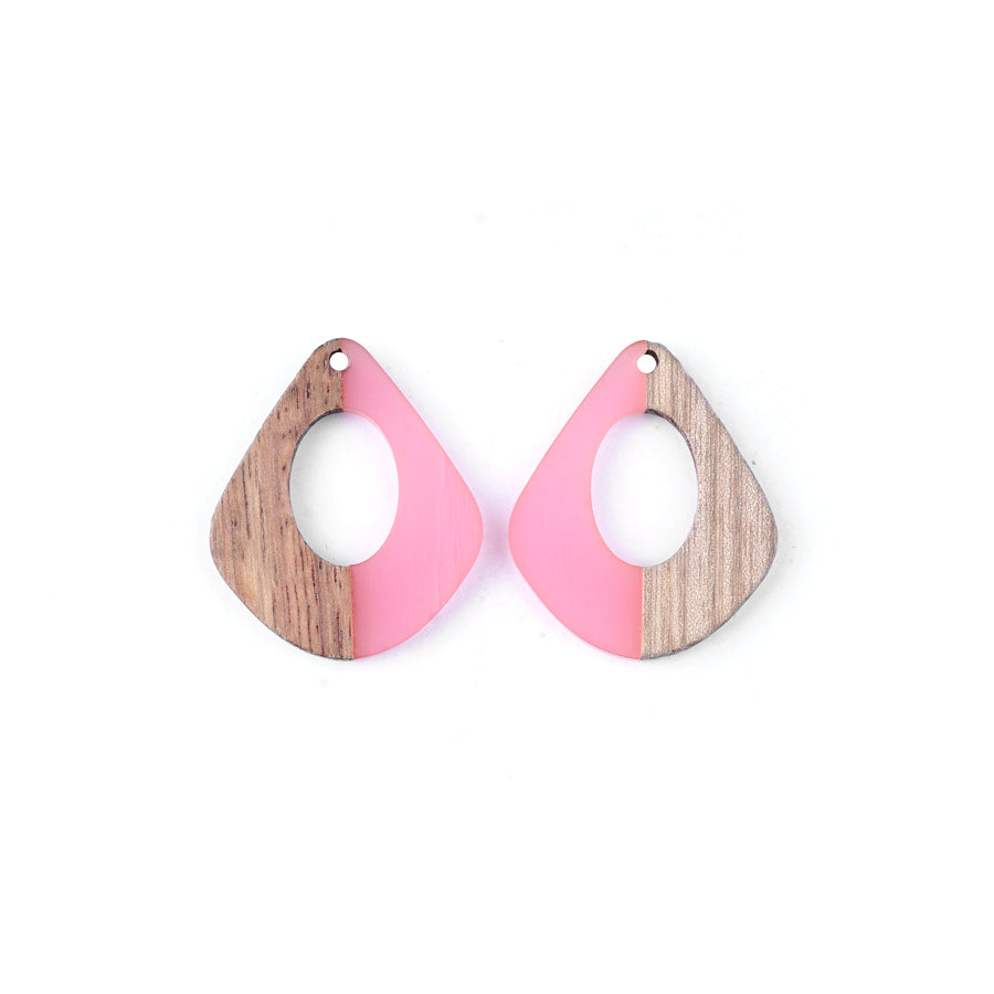 28x32mm Wood & Frosted Pink Resin Pear Shaped with Cut Out Focal Pieces - 2 Pack - Goody Beads