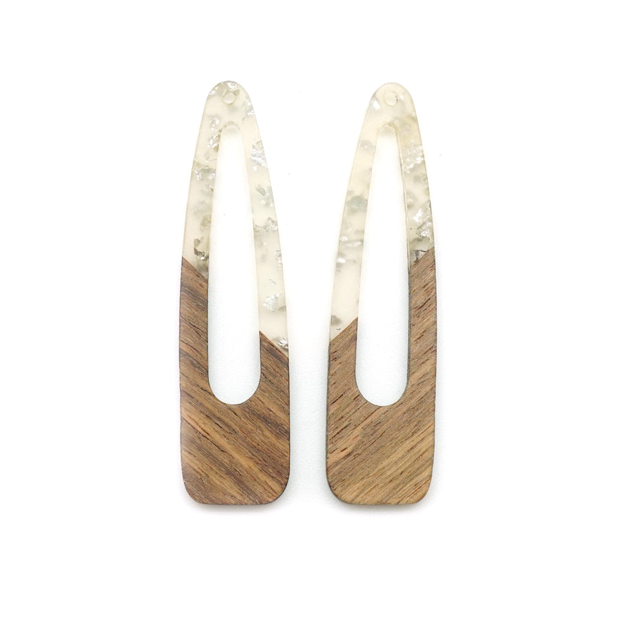 17x66mm Wood & Clear Resin with Silver Foil Raindrop with Cutout Focal Piece Pendant - 2 Pack - Goody Beads