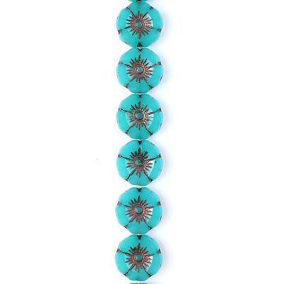 12mm Aqua Green Opaline with Dark Bronze Finish Hibiscus Czech Glass Beads from Raven's Journey - Goody Beads