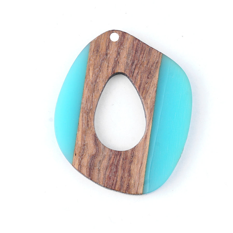 40x47mm Wood & Sea Blue Resin Free Form Shaped with Cut Out Focal Piece Pendant - Goody Beads