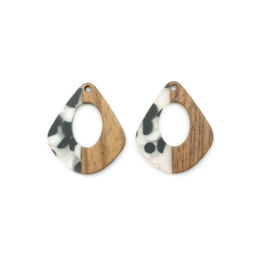 28x32mm Wood & Clear Resin with Black & White Dots Pear Shape with Cutout Focal Piece Pendant Charm - 2 Pack - Goody Beads