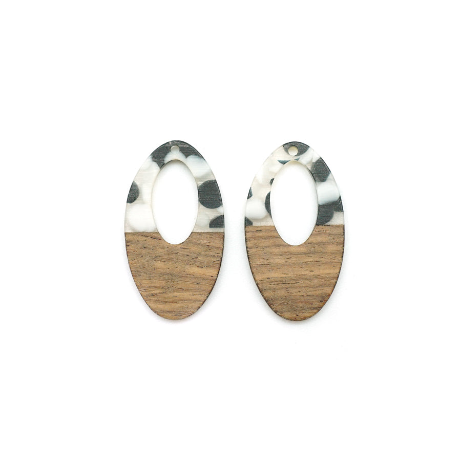 22x38mm Wood & Clear Resin with Black & White Dots Off Center Oval Focal Pieces - 2 Pack - Goody Beads