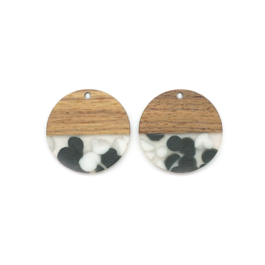 28mm Wood & Clear Resin with Black & White Dots Disc Focal Piece Pendant Charm - 2 Pack - Goody Beads