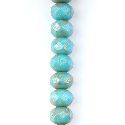 9x6mm Turquoise Opaque with Mottled Gold Finish Rondelle Czech Glass Beads from Raven's Journey - Goody Beads