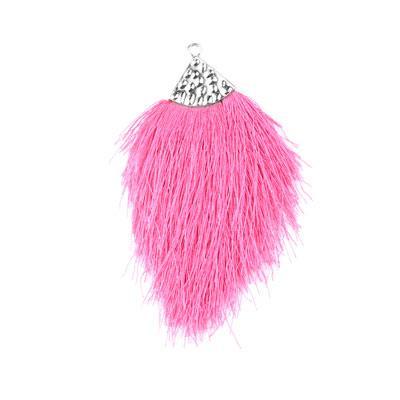 Hot Pink Large Capped Flat Tassel with Silver Textured Cap - 4.25 Inches Long - Goody Beads