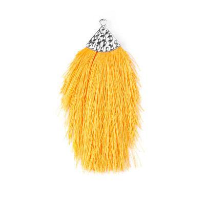 Mustard Yellow Large Capped Flat Tassel with Silver Textured Cap - 4.25 Inches Long - Goody Beads