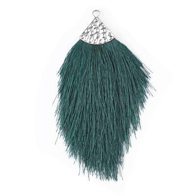 Forest Green Large Capped Flat Tassel with Silver Textured Cap - 4.25 Inches Long - Goody Beads