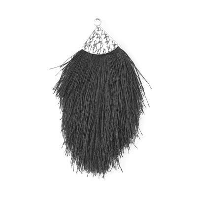Black Large Capped Flat Tassel with Silver Textured Cap - 4.25 Inches Long - Goody Beads