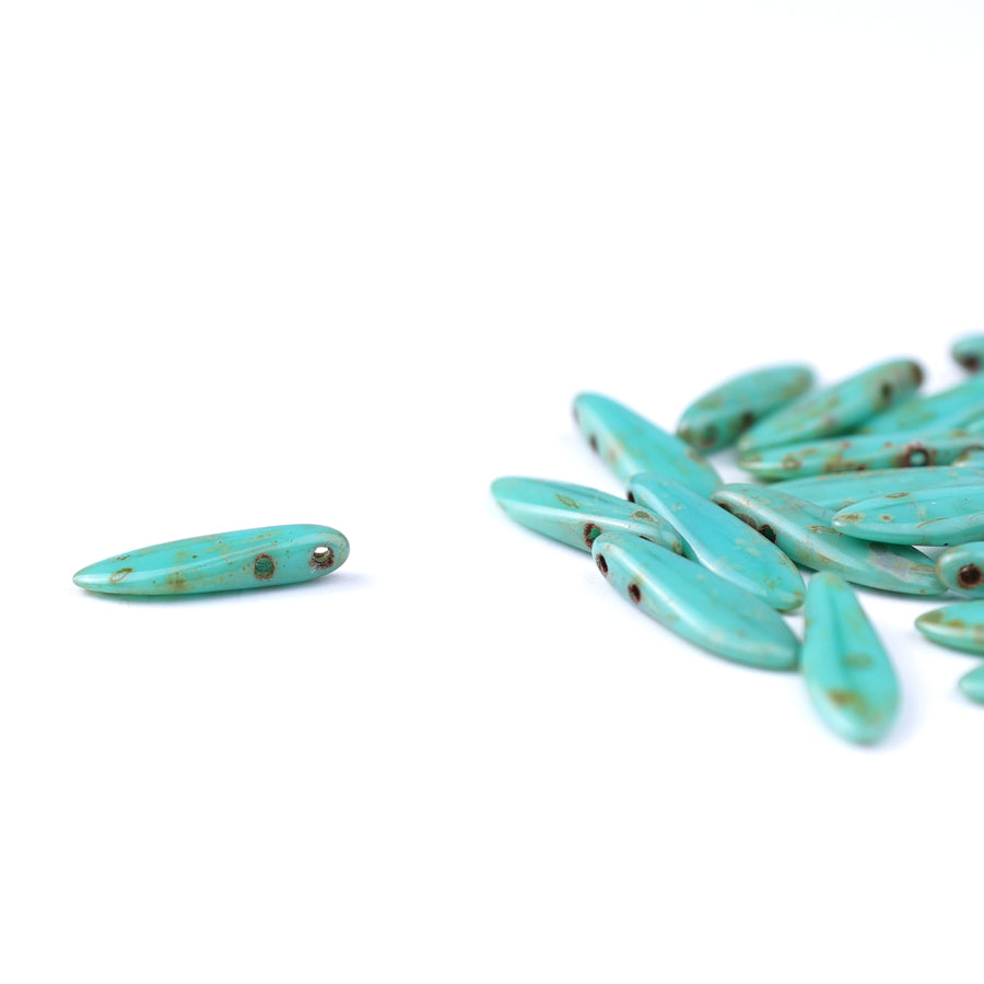 16mm Opaque Turquoise Picasso CzechMates Two Hole Dagger Czech Glass Beads - Goody Beads