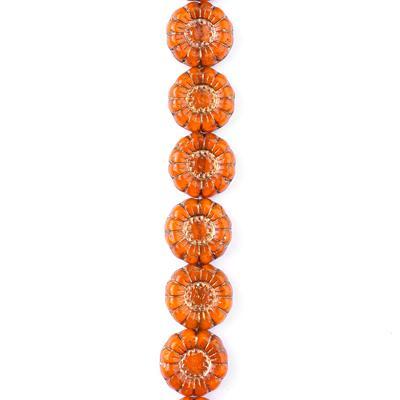 13mm Orange with Gold Flower Coin Czech Glass Beads from Raven's Journey - Goody Beads