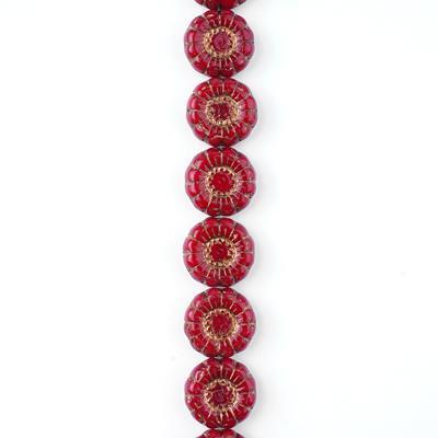 13mm Red with Gold Flower Coin Czech Glass Beads from Raven's Journey - Goody Beads