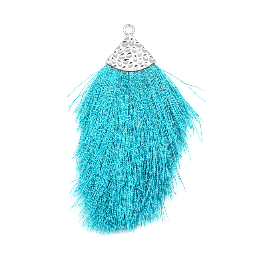 Turquoise Large Capped Flat Tassel with Silver Textured Cap - 4.25 Inches Long - Goody Beads