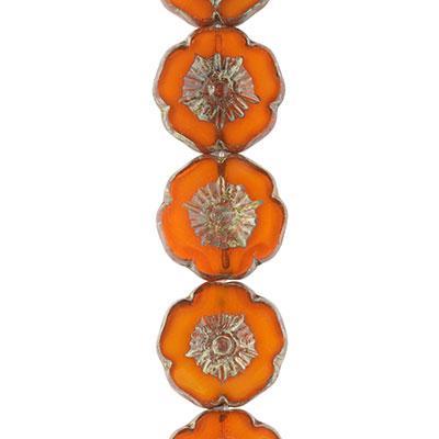 12mm Orange Opaline with Picasso Finish Hibiscus Czech Glass Beads from Raven's Journey - Goody Beads